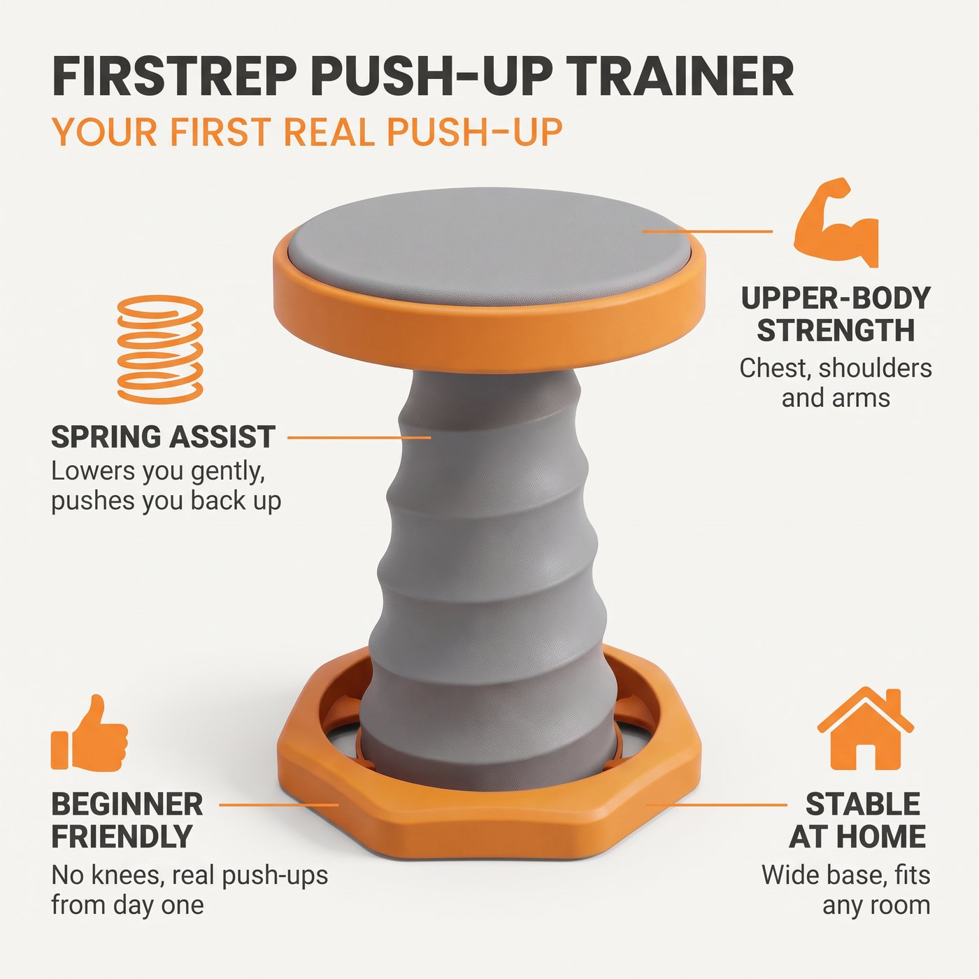 FirstRep push-up trainer: spring assist, upper-body strength, beginner friendly, stable at home